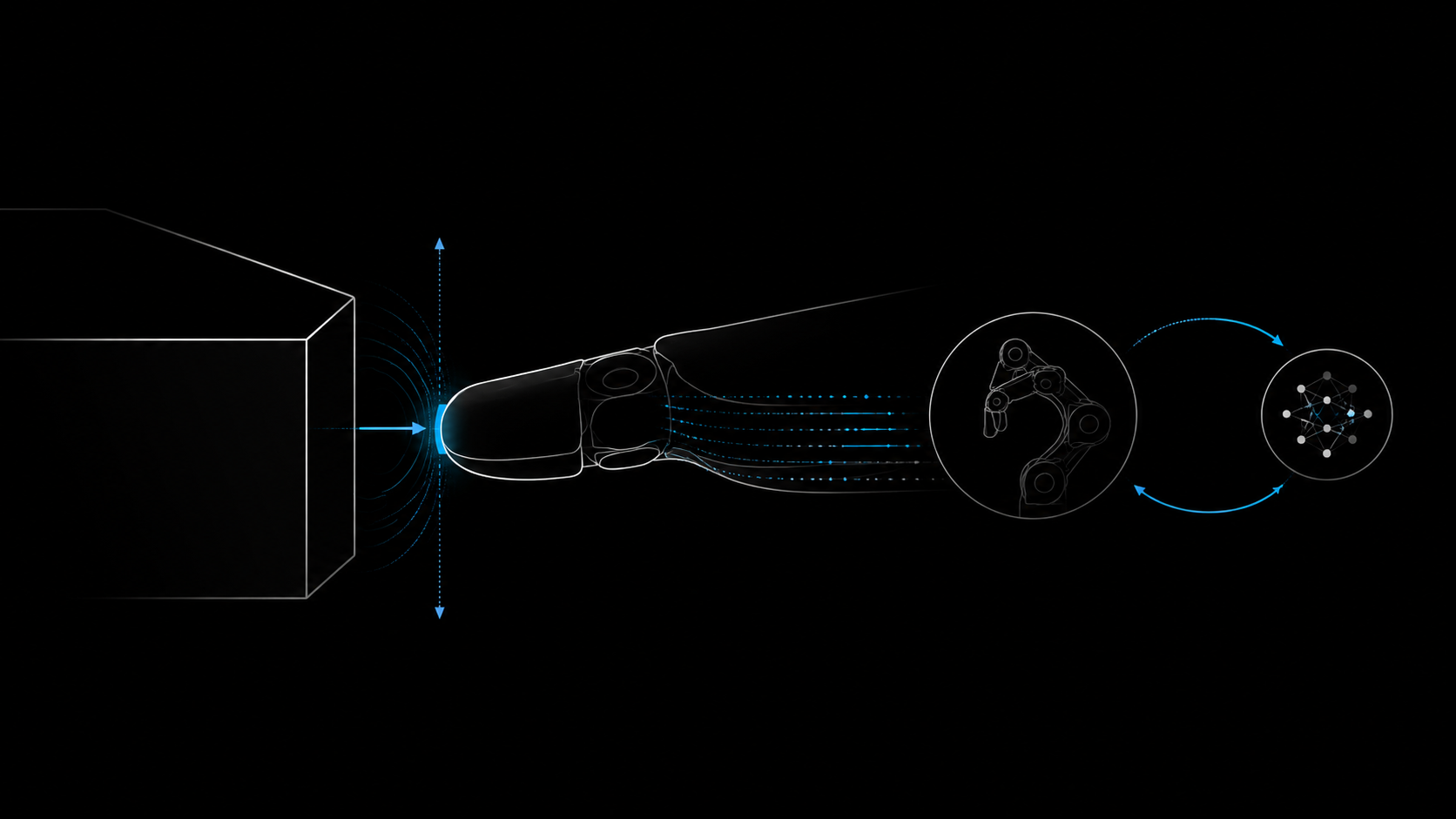 Robotic fingertip force sensing feeding control data into a humanoid hand and AI loop.